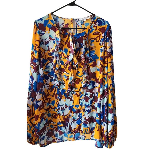 Prabal Gurung Collective Ochre Floral Ruffle Front Blouse Women's Size 16 - Picture 1 of 11